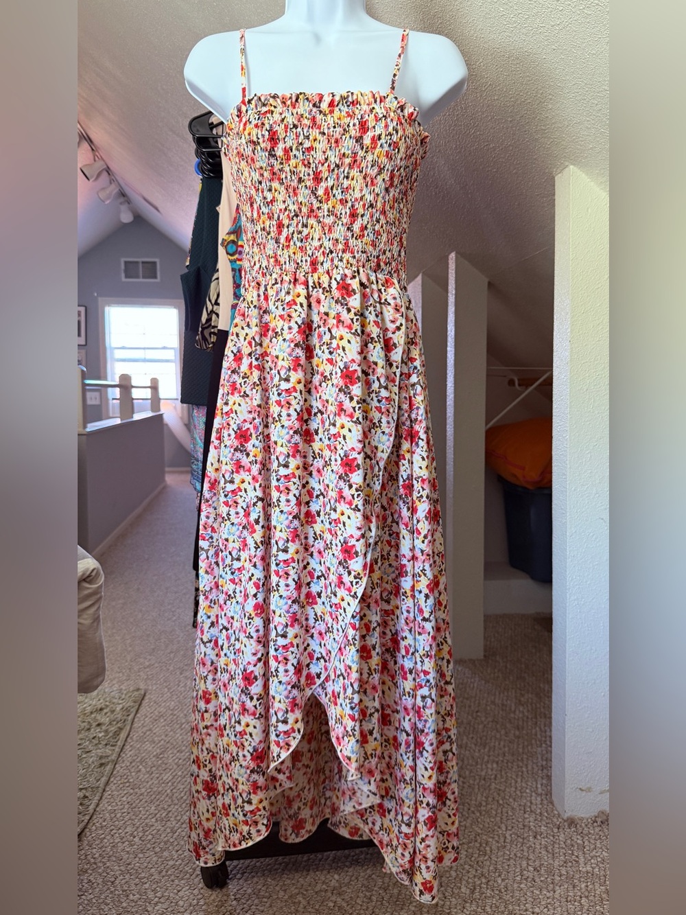 Floral Smocked Maxi Dress with Spaghetti Straps - White/Pink